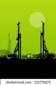 Excavator loaders, hydraulic pile drilling machines, tractors and workers digging at industrial construction site vector background illustration
