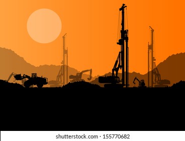 Excavator loaders, hydraulic pile drilling machines, tractors and workers digging at industrial construction site vector background illustration