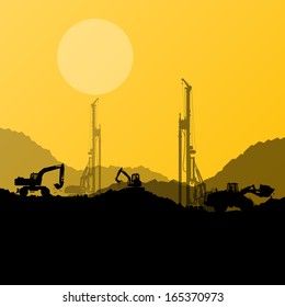 Excavator loaders, hydraulic pile drilling machines, tractors and workers digging at industrial construction site vector background illustration