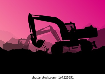 Excavator loaders, tractors and workers digging at industrial construction site vector background illustration