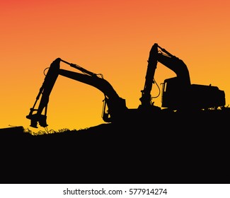 Excavator loaders, tractors and workers digging at industrial construction site vector background illustration