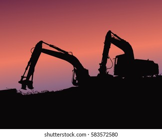 Excavator loaders, tractors and workers digging at industrial construction site vector background illustration