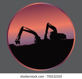 Excavator loaders, tractors and workers digging at industrial construction site vector background illustration