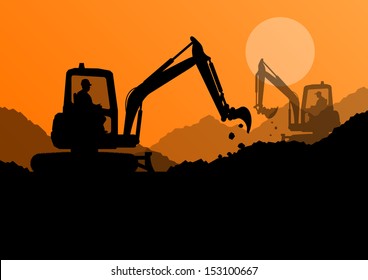 Excavator loaders and workers digging at construction site with raised bucket vector background