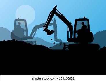 Excavator loaders and workers digging at construction site with raised bucket vector background