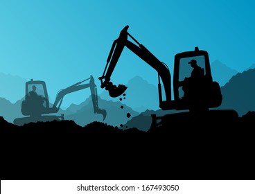 Excavator loaders and workers digging at construction site with raised bucket vector background illustration