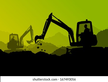 Excavator loaders and workers digging at construction site with raised bucket vector background illustration