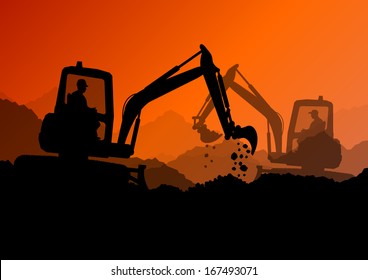 Excavator loaders and workers digging at construction site with raised bucket vector background illustration
