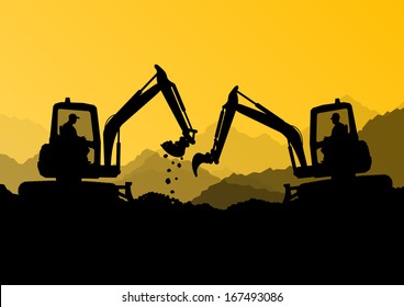 Excavator loaders and workers digging at construction site with raised bucket vector background illustration