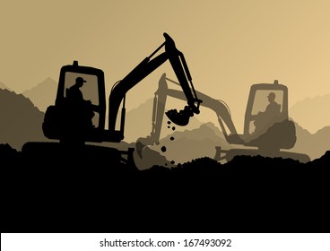Excavator loaders and workers digging at construction site with raised bucket vector background illustration