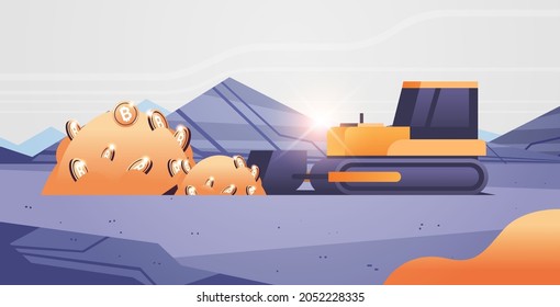 excavadora carga bitcoins minería transporte moneda de oro producción de dinero digital criptodivisa bloqueo concepto