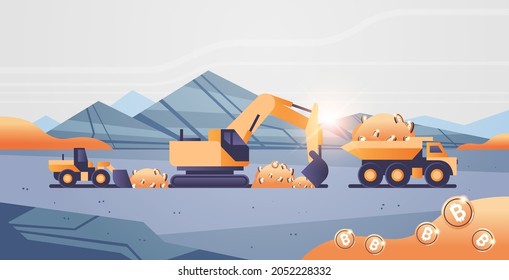 excavator loading bitcoins on heavy truck mining transport golden coin digital money production cryptocurrency blockchain