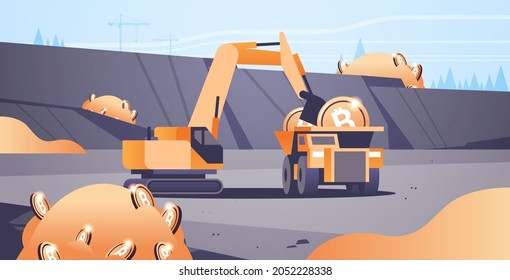 excavator loading bitcoins on heavy truck mining transport golden coin digital money production cryptocurrency blockchain