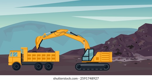 Excavator loading dump truck with garbage or ground. Construction site, mining quarry or landfill with yellow heavy machinery and soil heaps. Earthworks concept. Flat or cartoon vector landscape.