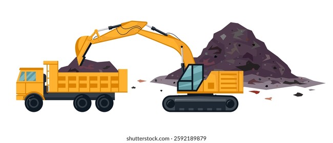 Excavator loading dump truck with garbage or ground. Construction site, mining quarry or landfill with yellow heavy machinery. Earthworks concept. Flat or cartoon isolated vector. Industrial design.