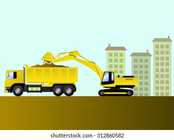 Excavator Loading Dump Truck Illustration