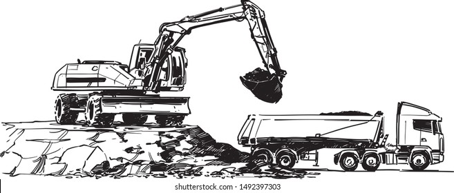 Excavator loading dump truck. Vector illustration