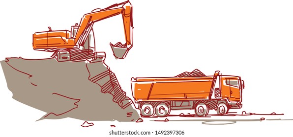 Excavator loading dump truck. Vector illustration