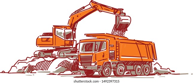 Excavator loading dump truck. Vector illustration