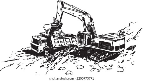 Excavator Loading Dump Truck. Vector Illustration