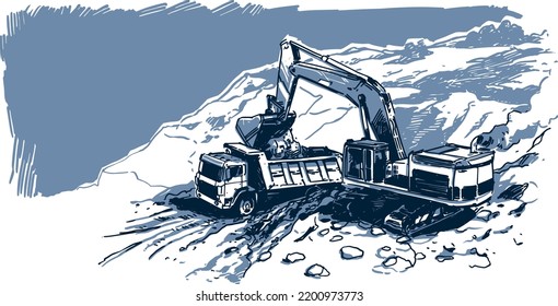 Excavator Loading Dump Truck. Vector Illustration