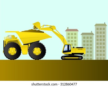 Excavator Loading Giant Dump Truck Illustration