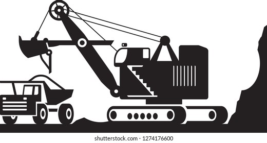 Excavator loading  heavy duty truck with ore - vector illustration