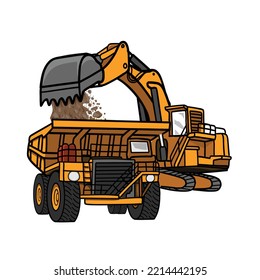 Excavator loading soil on Dump truck. Professional equipment working on coal mine production opencast stone quarry. Vector illustration isolated on white