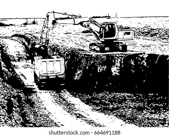 Excavator loading truck vector illustration