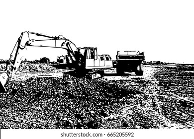 Excavator loading truck vector illustration