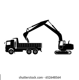 Excavator Loads Dump Truck Vector