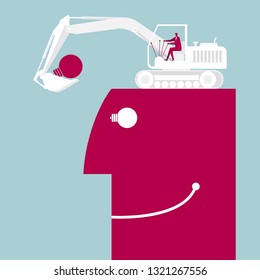  The excavator loads the light bulb. On the head.The background is blue.