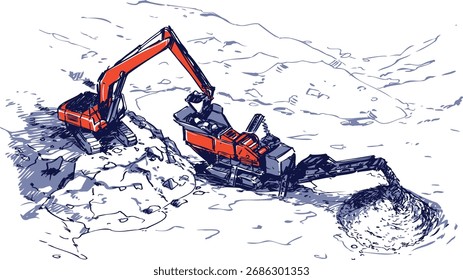 Una excavadora carga rocas en una planta móvil de trituración de piedra. Dibujado a mano ilustración de boceto.