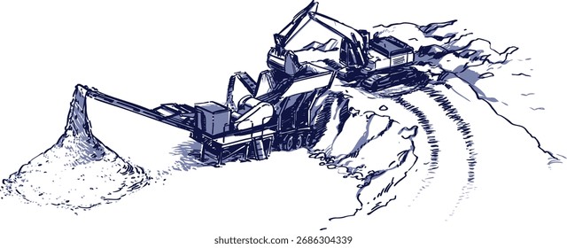Una excavadora carga rocas en una planta móvil de trituración de piedra. Dibujado a mano ilustración de boceto.
