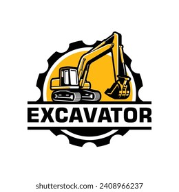 Excavator Logo Design. With Gear Frame. Vector illustration