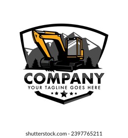 Excavator logo design illustration vector for construction company. Backhoe with mountains in shield	