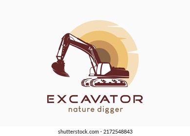 Excavator logo design with excavator silhouette combined with the sun, vector illustration of a nature digger excavator with a creative concept.