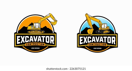 excavator Logo designs with mountain template, heavy equipment construction - earth mover logo vector