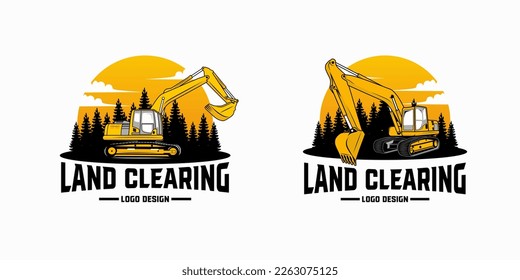 excavator Logo designs with pine forest template, heavy equipment construction - earth mover logo vector