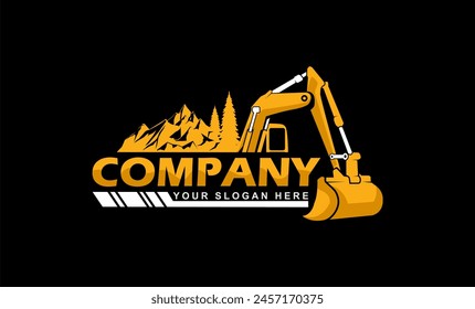 Plantilla de diseño de emblema de logotipo de excavadora pesada, equipo de minería de vehículos de transporte para la construcción, Ilustración vectorial de logotipo de contratista