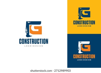 Logotipo da escavadora com G inicial, inspirado em equipamento pesado para a construção de negócios. Isolado no fundo branco.
