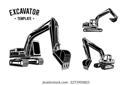 Excavator logo template in Black and white color vector illustration