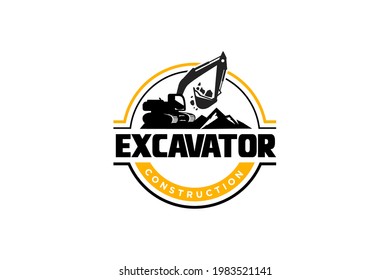Bagger Logo Vorlage Vektorgrafik. Logo für schwere Ausrüstung, Vektorgrafik für Bauunternehmen. Kreative Baggergrafik für Logo.
