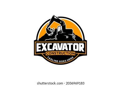 Bagger Logo Vorlage Vektorgrafik. Logo für schwere Ausrüstung, Vektorgrafik für Bauunternehmen. Kreative Baggergrafik für Logo.