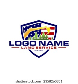 Plantilla vectorial del logotipo de excavador. Con barrido forestal como identidad de marca. Vector del logotipo del equipo de máquinas pesadas para la empresa de construcción, construcción, desbroce y desbroce de tierras. Aplicar a la camisa del sitio web