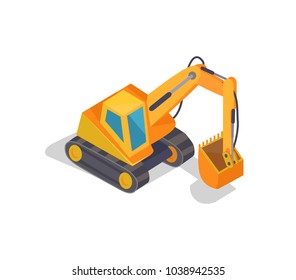 Excavator machine banner, vector illustration with big yellow crawler, hydraulic crane and massive ladle, special excavation machine, square cabine