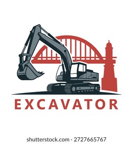 Máquina excavadora con puente y faro en icono de ilustración de fondo