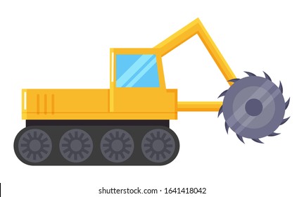 Excavator machine for coal mining industry. Yellow industrial truck used to digging and dredging earth. Mechanic actions in quarry of bulldozer or backhoe. Vector illustration of excavation in flat
