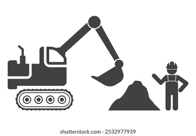 escavação da máquina escavadora com balde e ícone da pessoa do trabalhador