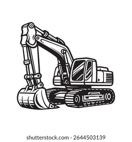 Excavator Machine Icon, Heavy Equipment Excavator, Construction Earthmoving Loader, Black and White Digger Illustration